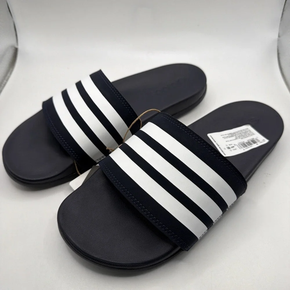 Adidas Adilette Comfort Slides - Navy /White Stripes - Men's 7- Women's 8 - Picture 2 of 6